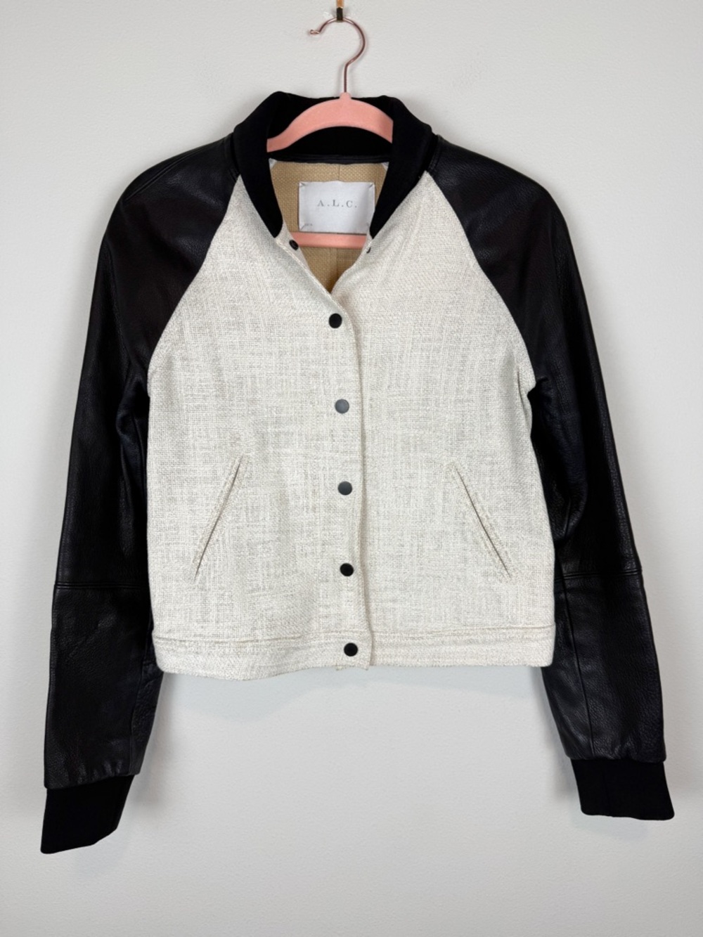 A.L.C. Linen Blend Leather‎ Sleeve Bomber Jacket Cream Black Woven Size XS